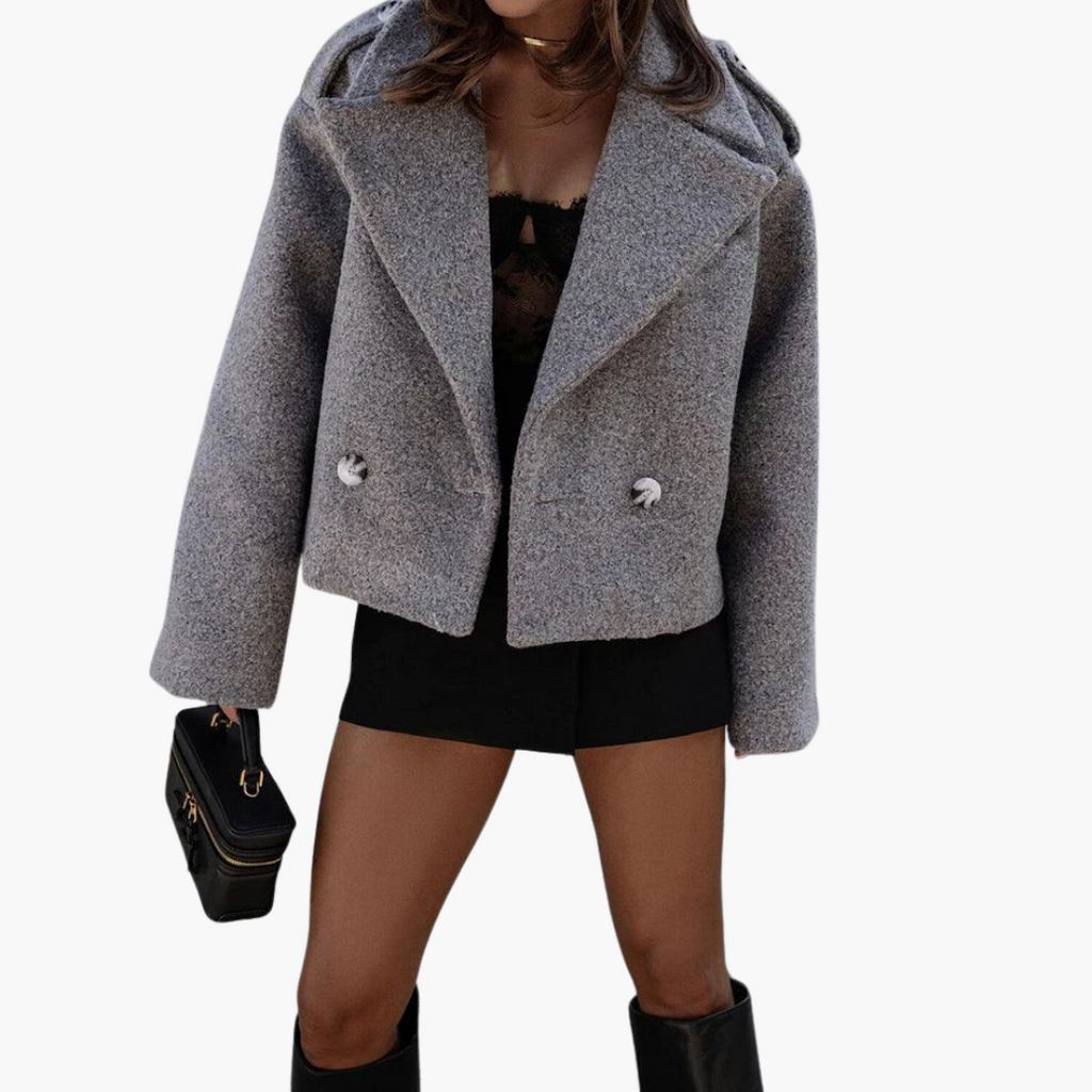 Pethla Oversized Double-Breasted Crop Jacket – Wool Blend Tailored Women Casual Office Workwear Blazer