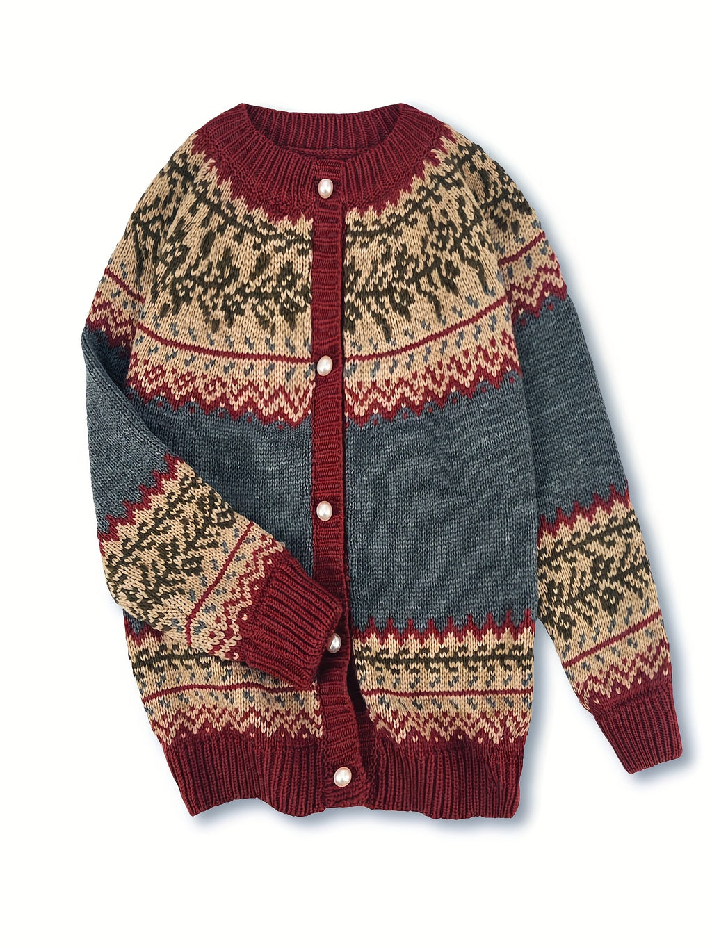 Fairbane Fair Isle Button-Up Cardigan – Women Knit Sweater Nordic Chunky Ribbed Autumn Fall Cardigan