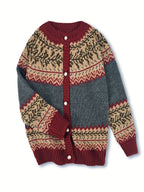 Fairbane Fair Isle Button-Up Cardigan – Women Knit Sweater Nordic Chunky Ribbed Autumn Fall Cardigan