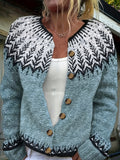Chevzig Fair Isle Knit Cardigan – Fair Isle Cardigan Women Ladies Autumn Knit Button Front Chunky Cardigan