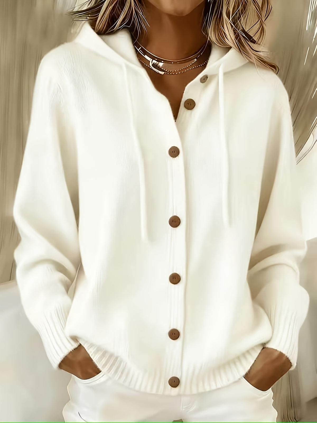 Ribbenne Hooded Button Cardigan – Knit Cardigan Women Casual Autumn Winter Loungewear Cosy Oversized Hoodie