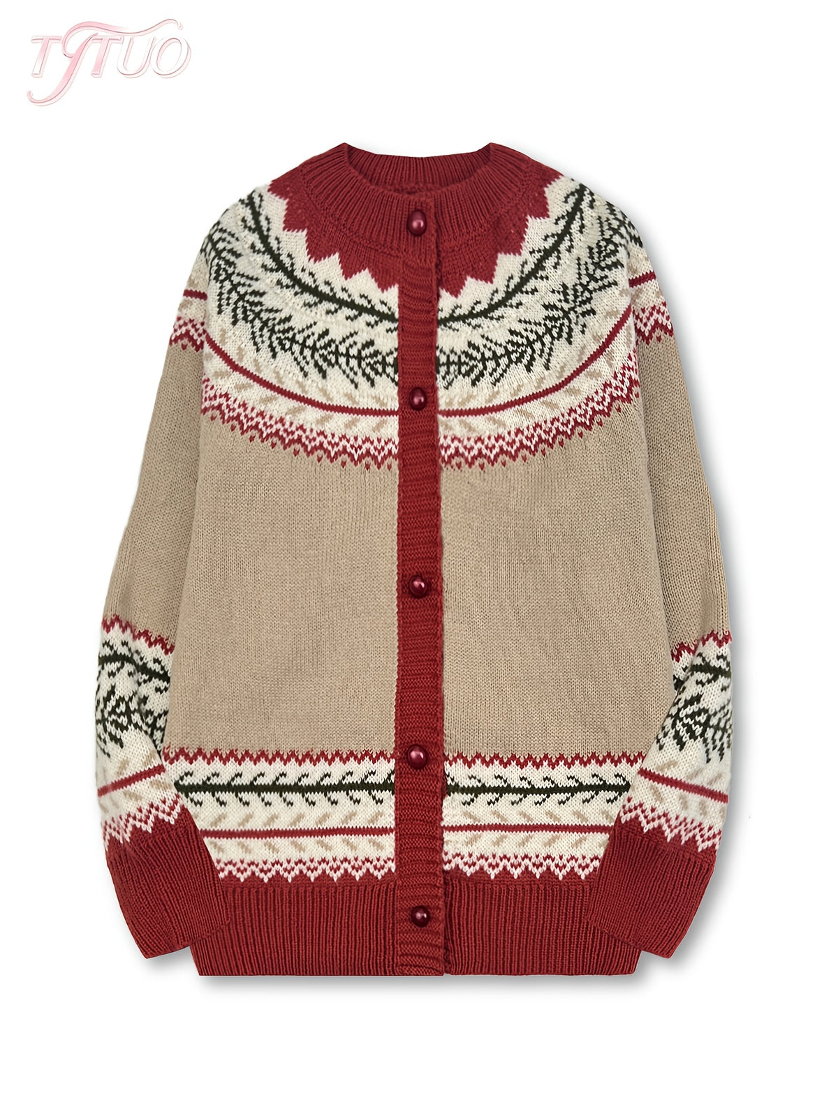 Fairbane Fair Isle Button-Up Cardigan – Women Knit Sweater Nordic Chunky Ribbed Autumn Fall Cardigan