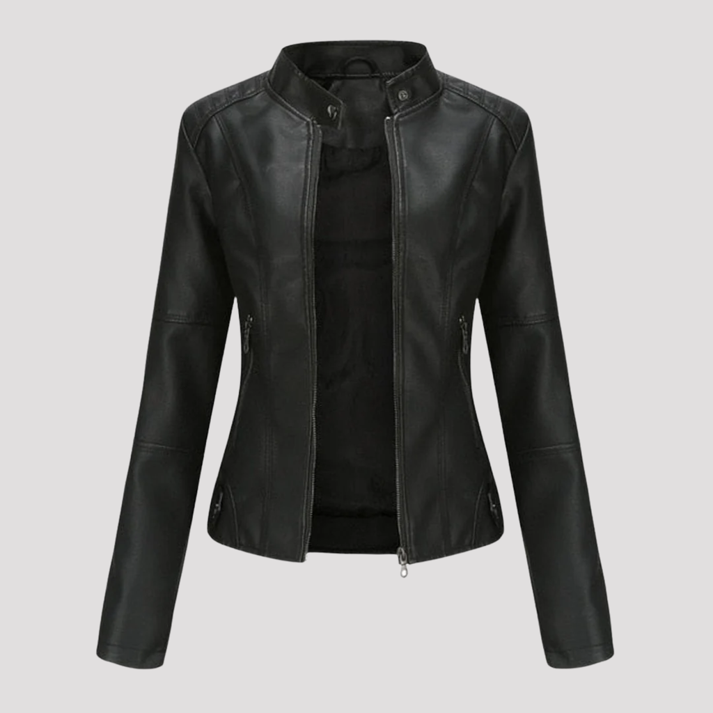 Paniseem Collar Fitted Faux Leather Jacket – Women Biker Moto Casual Autumn Winter Outerwear Coat