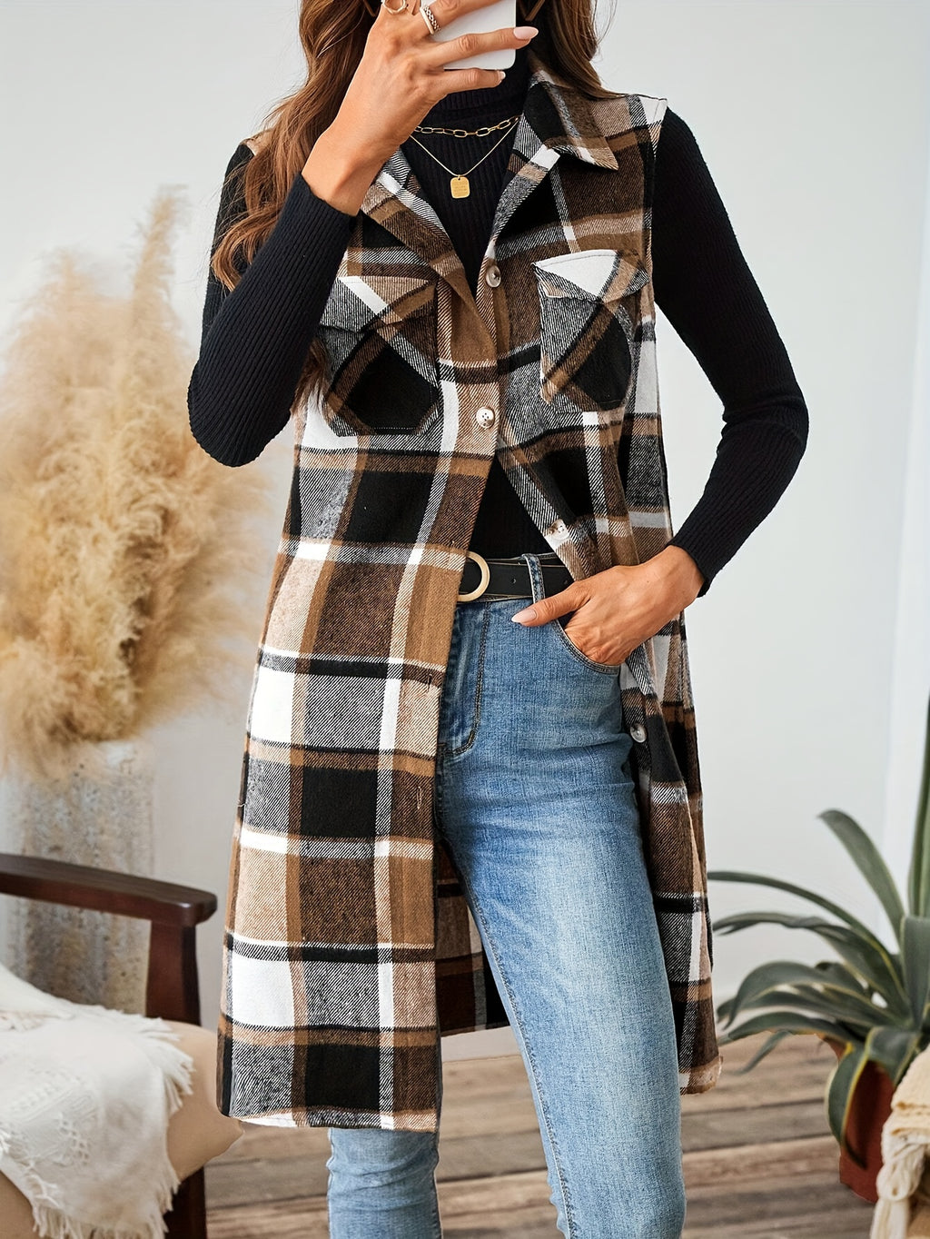Flavest Check Sleeveless Longline Shacket – Women Oversized Flannel Gilet Waistcoat Casual Autumn Layering