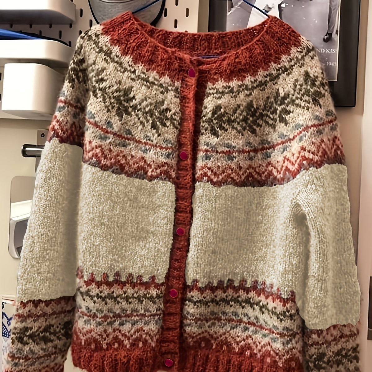 Fairbane Fair Isle Button-Up Cardigan – Women Knit Sweater Nordic Chunky Ribbed Autumn Fall Cardigan