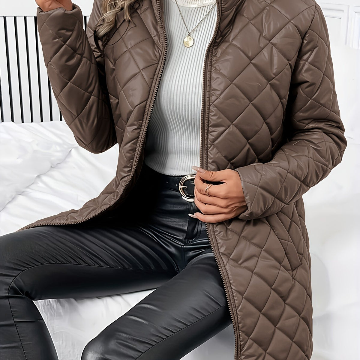 Diquilenne Diamond Quilted Longline Coat – Padded Jacket Women Hooded Winter Ladies Quilted Coat