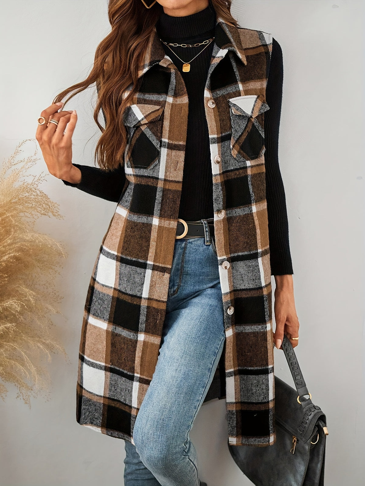 Flavest Check Sleeveless Longline Shacket – Women Oversized Flannel Gilet Waistcoat Casual Autumn Layering