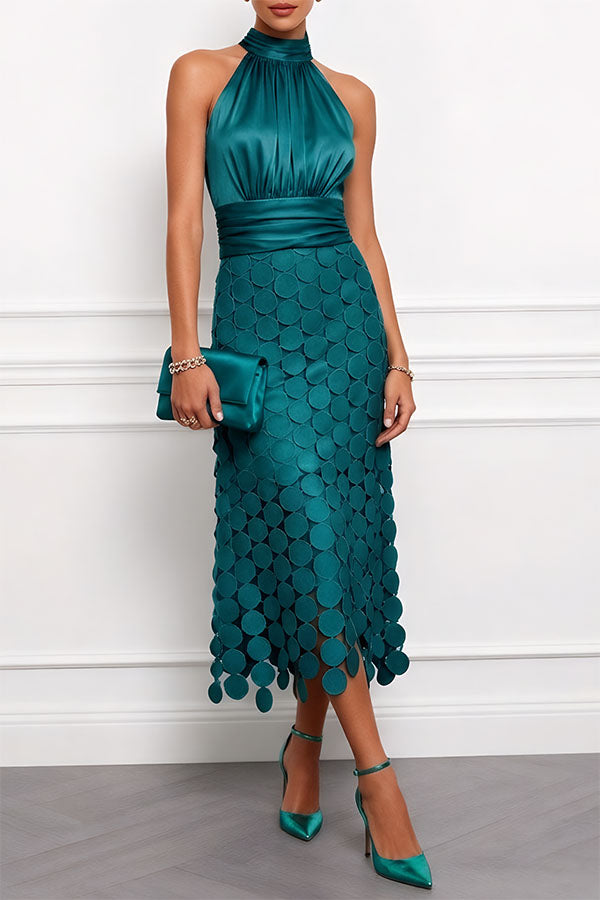 Scallin Halter Neck Satin Midi Dress – Sleeveless Cocktail Party Women Formal Evening Midi Dress