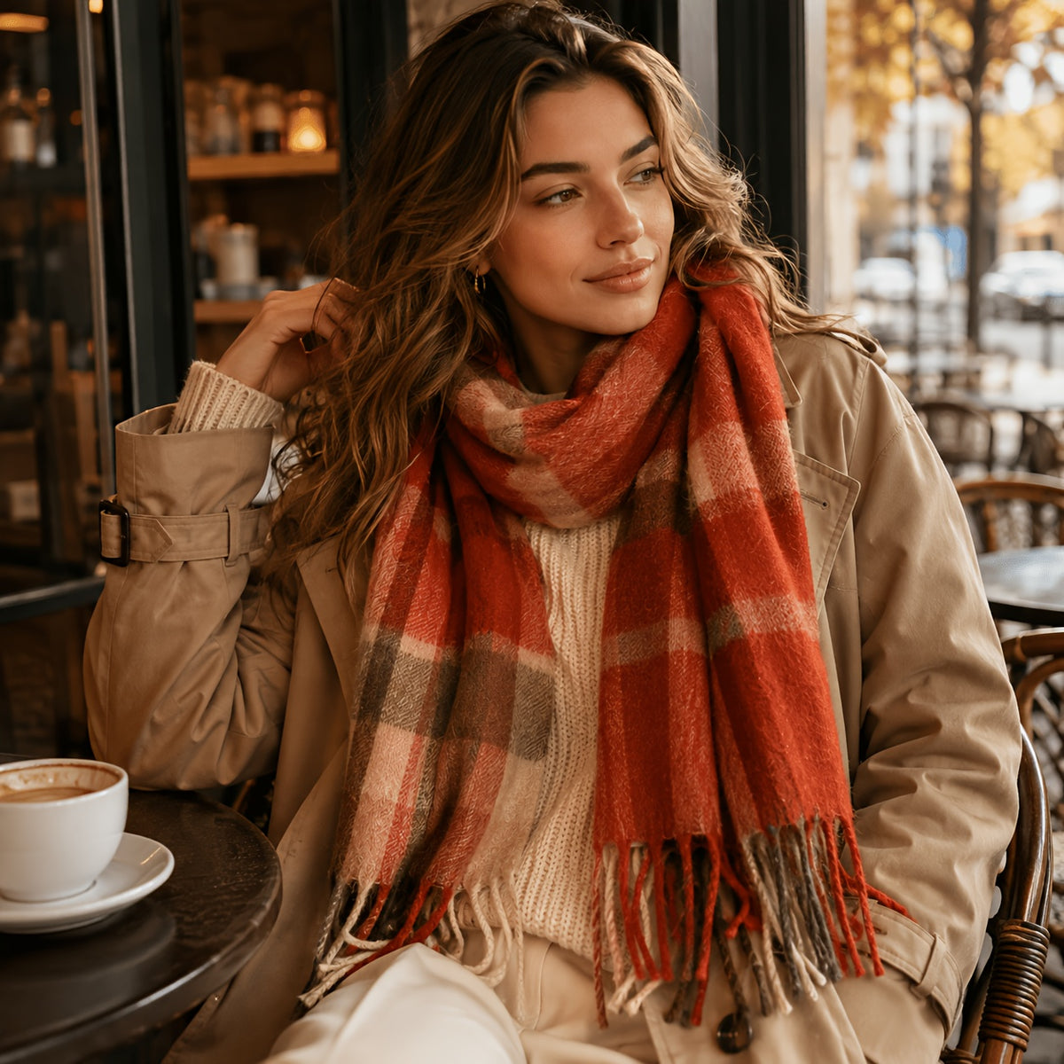 Fritasse Check Wool Scarf – Tartan Wool Checkered Scarf Women Fall Winter Soft Warm Plaid Scarf