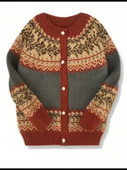 Fairbane Fair Isle Button-Up Cardigan – Women Knit Sweater Nordic Chunky Ribbed Autumn Fall Cardigan