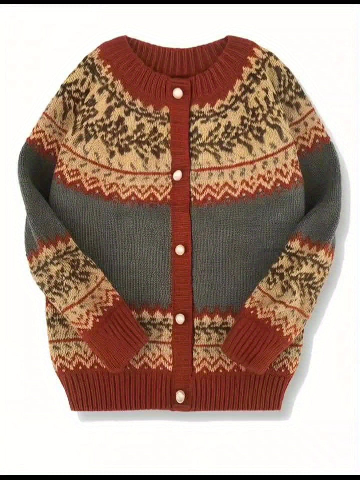 Fairbane Fair Isle Button-Up Cardigan – Women Knit Sweater Nordic Chunky Ribbed Autumn Fall Cardigan