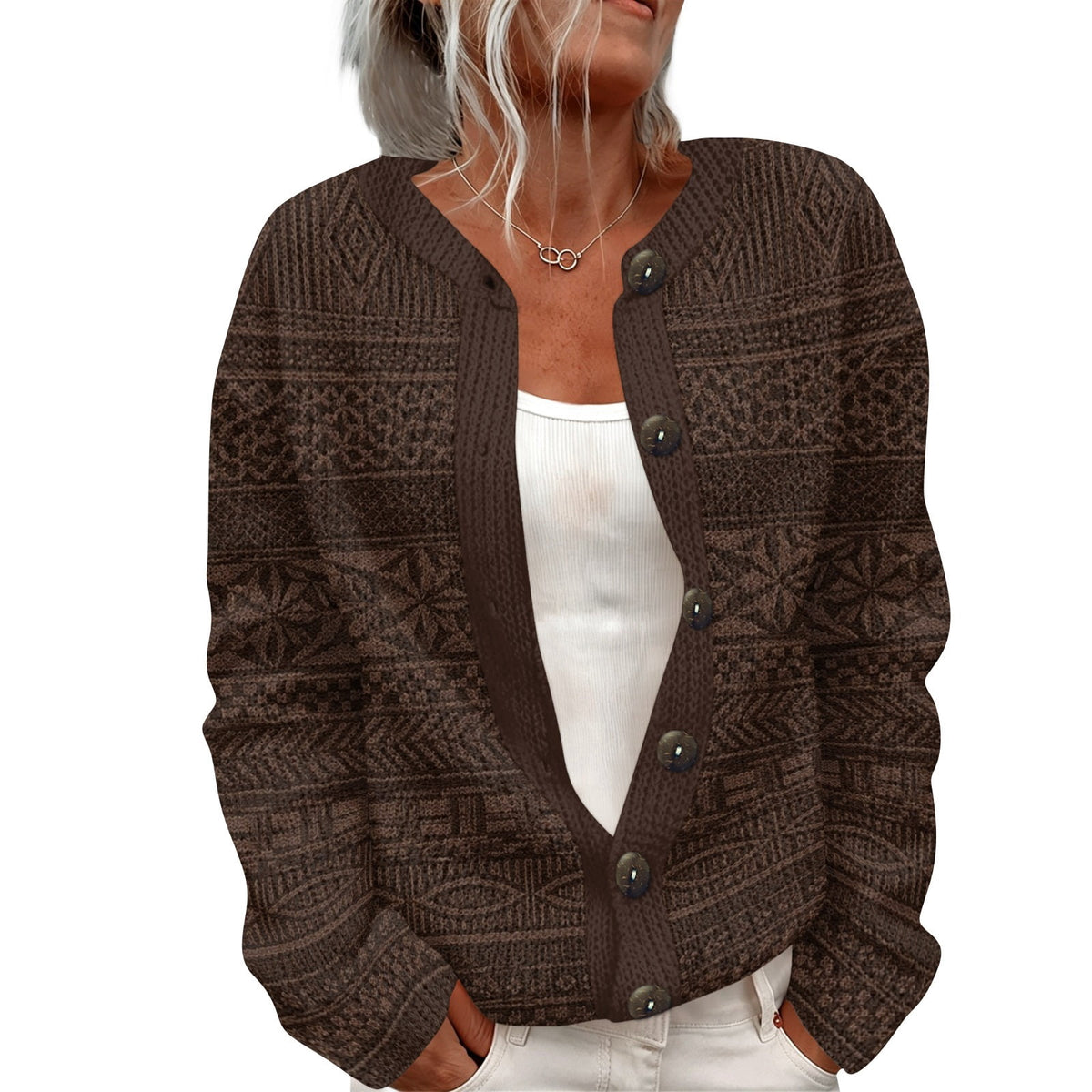 Fairsnia Fair Isle Knit Cardigan – Chunky Button Front Women Crew Neck Long Sleeve Casual Fall Cardigan