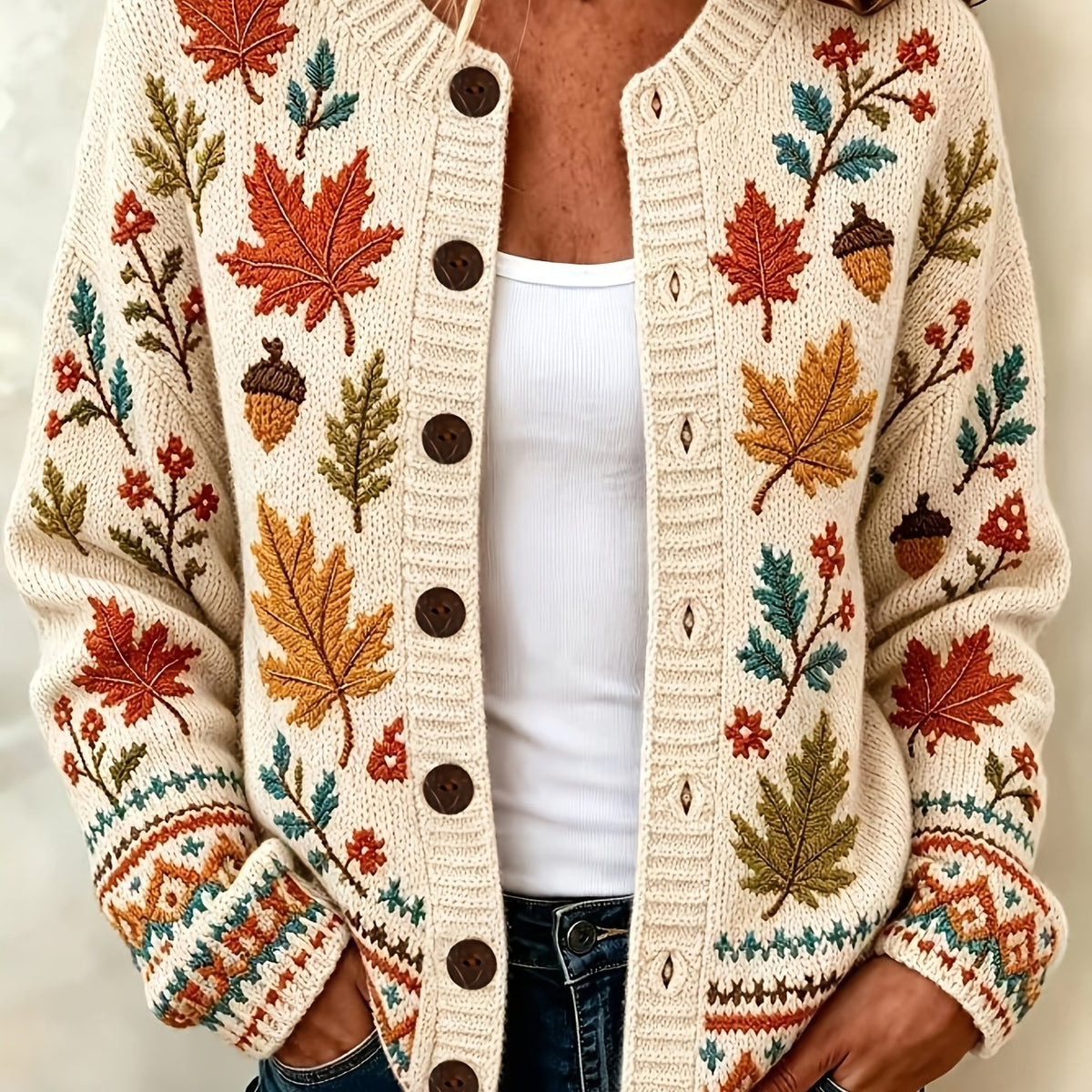 Maplif Embroidered Button-Front Cardigan – Knit Women Autumn Fall Embroidered Woodland Casual Cardigan