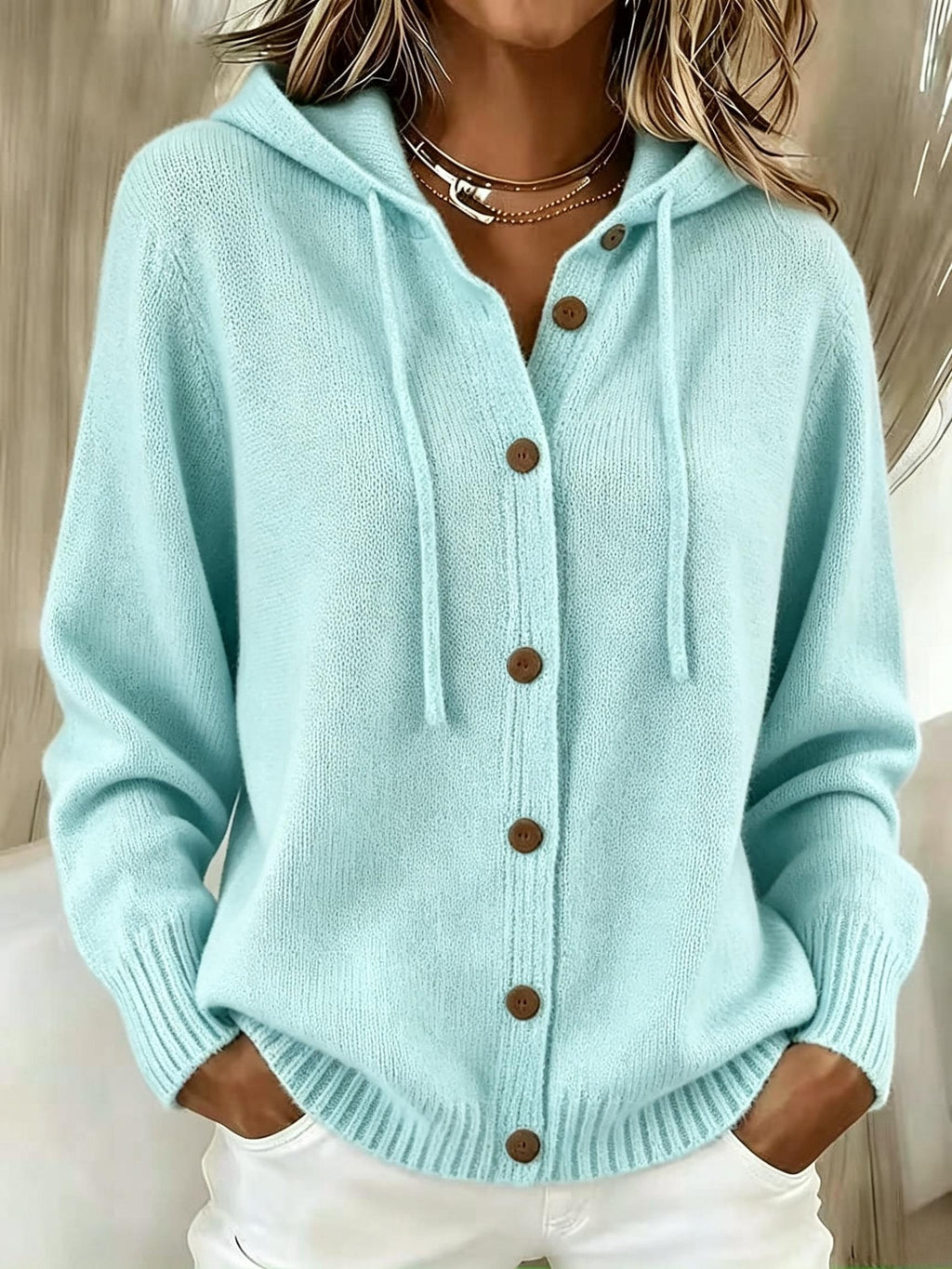 Ribbenne Hooded Button Cardigan – Knit Cardigan Women Casual Autumn Winter Loungewear Cosy Oversized Hoodie