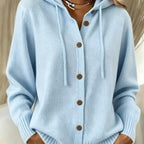 Ribbenne Hooded Button Cardigan – Knit Cardigan Women Casual Autumn Winter Loungewear Cosy Oversized Hoodie