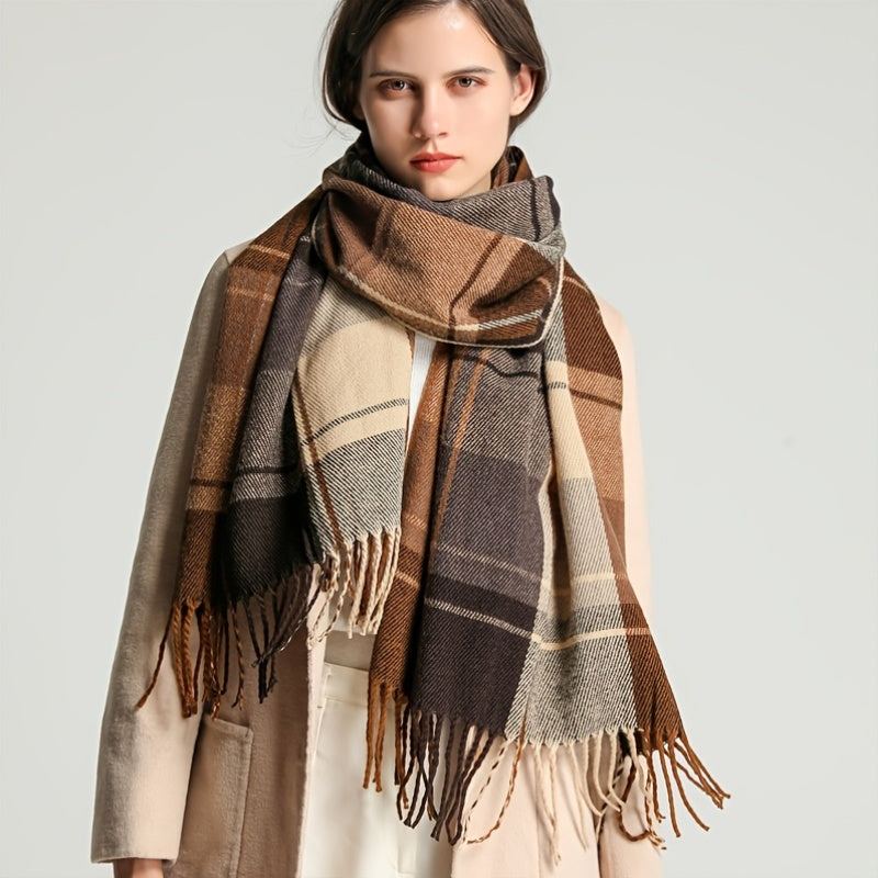 Chevilla Oversized Check Scarf – Women Tassel Fringe Blanket Wrap Shawl Autumn Winter Tartan Scarf