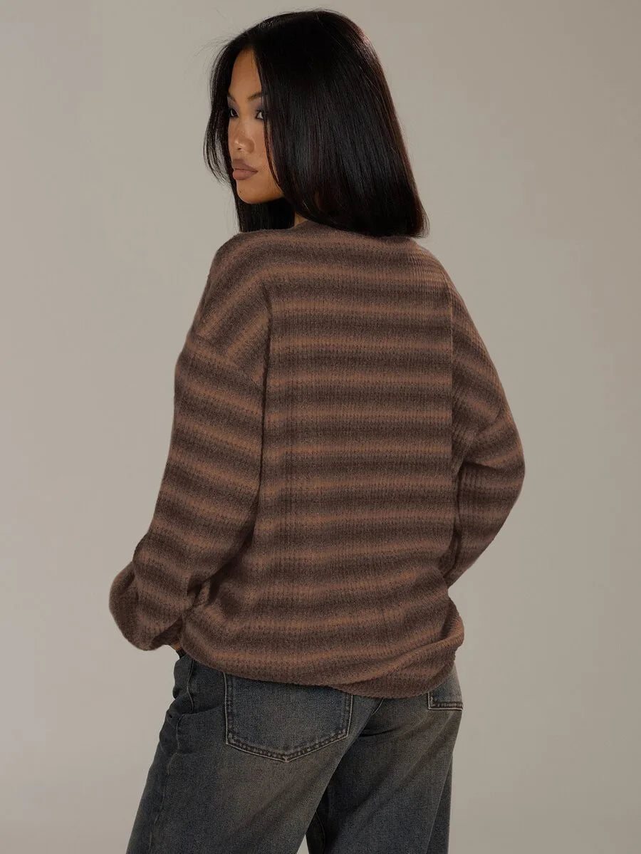 Shadria Oversized Striped Crew Neck Jumper – Striped Knitwear Women Oversized Knit Sweater Casual Longline Top