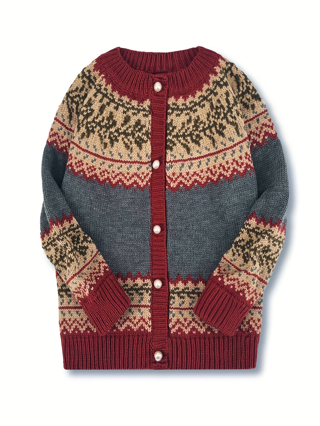 Fairbane Fair Isle Button-Up Cardigan – Women Knit Sweater Nordic Chunky Ribbed Autumn Fall Cardigan