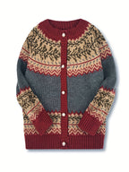 Fairbane Fair Isle Button-Up Cardigan – Women Knit Sweater Nordic Chunky Ribbed Autumn Fall Cardigan