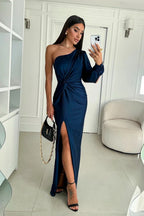 Drapnotte One-Shoulder Maxi Dress – Satin Evening Women Formal Elegant Party Maxi Dress