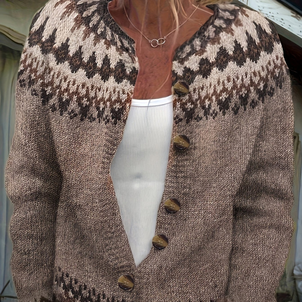 Chevyok Fair Isle Button-Front Cardigan – Knitted Women Autumn Casual Oversized Longline Cardigan