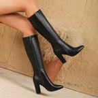 Stitame Pointed Toe Knee High Boots – Block Heel Leather Western Women Autumn Knee High Boots