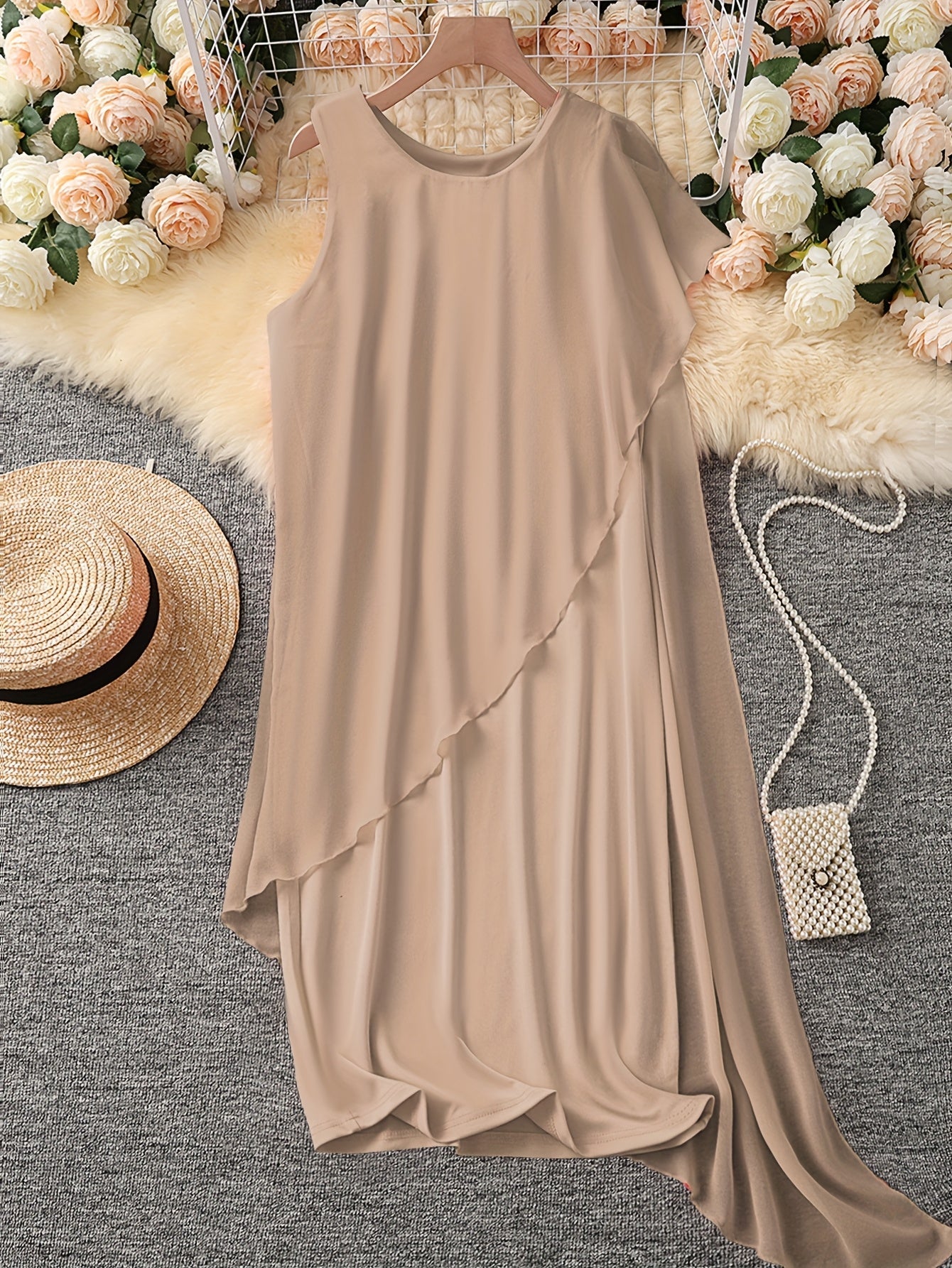Coralaye Asymmetric Overlay Midi Dress – Chiffon Shift Dress Women Wedding Guest Party Cocktail Evening Sleeveless Midi Dress