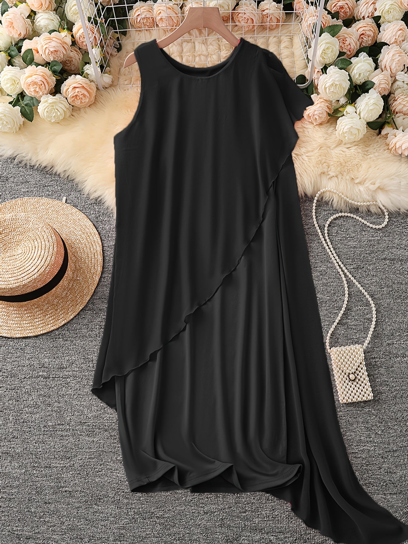 Coralaye Asymmetric Overlay Midi Dress – Chiffon Shift Dress Women Wedding Guest Party Cocktail Evening Sleeveless Midi Dress