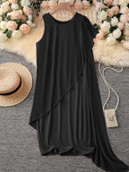 Coralaye Asymmetric Overlay Midi Dress – Chiffon Shift Dress Women Wedding Guest Party Cocktail Evening Sleeveless Midi Dress