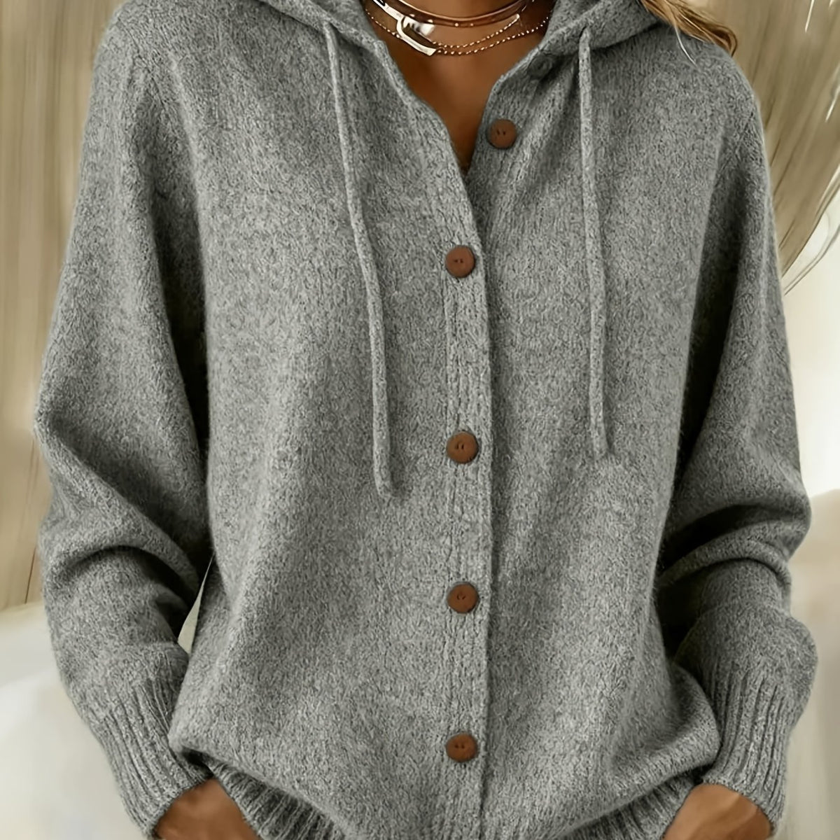 Ribbenne Hooded Button Cardigan – Knit Cardigan Women Casual Autumn Winter Loungewear Cosy Oversized Hoodie