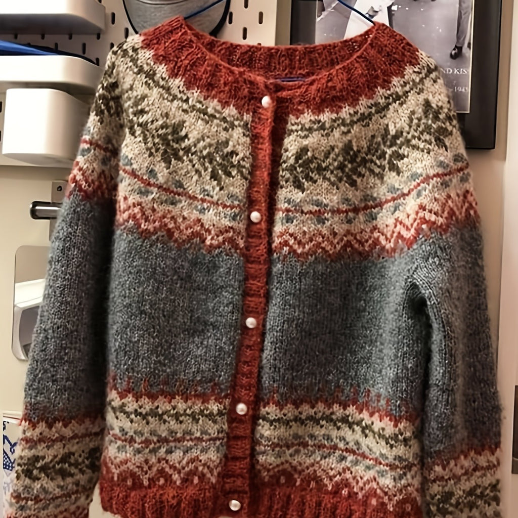 Fairbane Fair Isle Button-Up Cardigan – Women Knit Sweater Nordic Chunky Ribbed Autumn Fall Cardigan