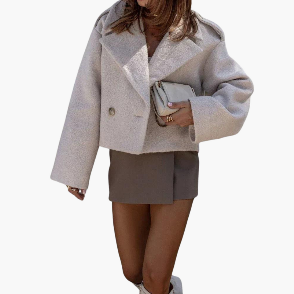 Pethla Oversized Double-Breasted Crop Jacket – Wool Blend Tailored Women Casual Office Workwear Blazer
