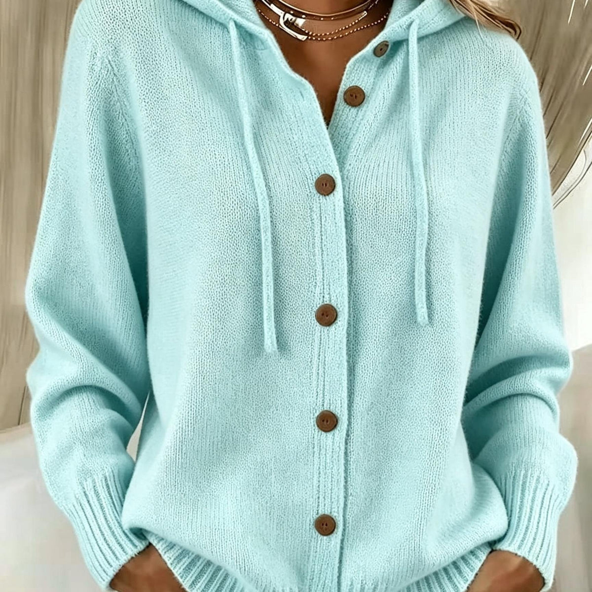 Ribbenne Hooded Button Cardigan – Knit Cardigan Women Casual Autumn Winter Loungewear Cosy Oversized Hoodie