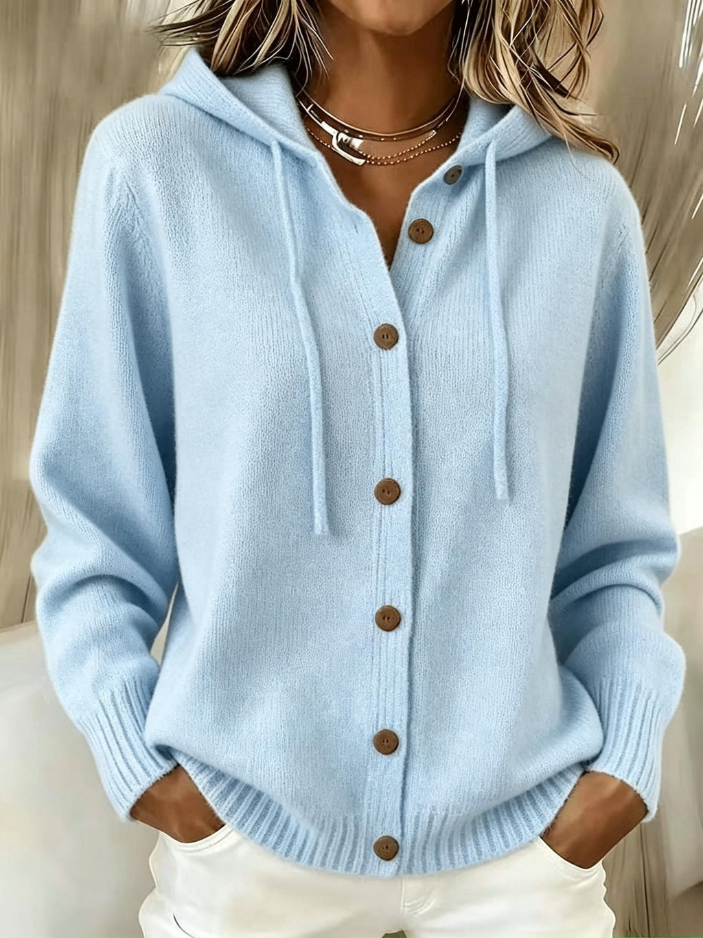 Ribbenne Hooded Button Cardigan – Knit Cardigan Women Casual Autumn Winter Loungewear Cosy Oversized Hoodie