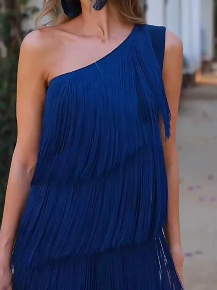 Tierfyn One Shoulder Fringe Maxi Dress – Tiered Women Evening Party Cocktail Formal Ladies Maxi Dress