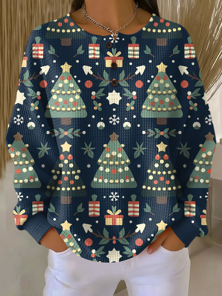 Poltrem Christmas Tree Print Jumper – Festive Novelty Women Knit Long Sleeve Navy Crew Neck Jumper