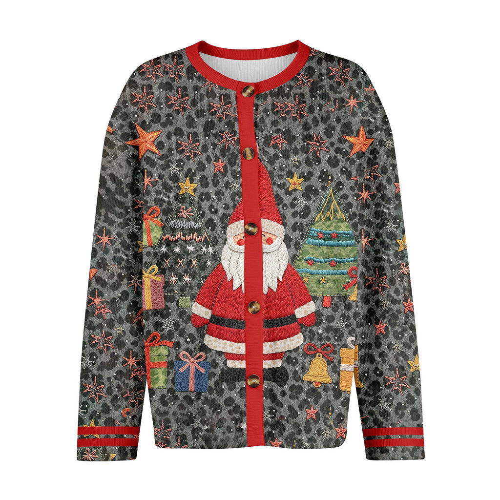 Santripe Embroidered Santa Button-Front Cardigan – Women Christmas Festive Holiday Party Casual Lightweight Cardigan