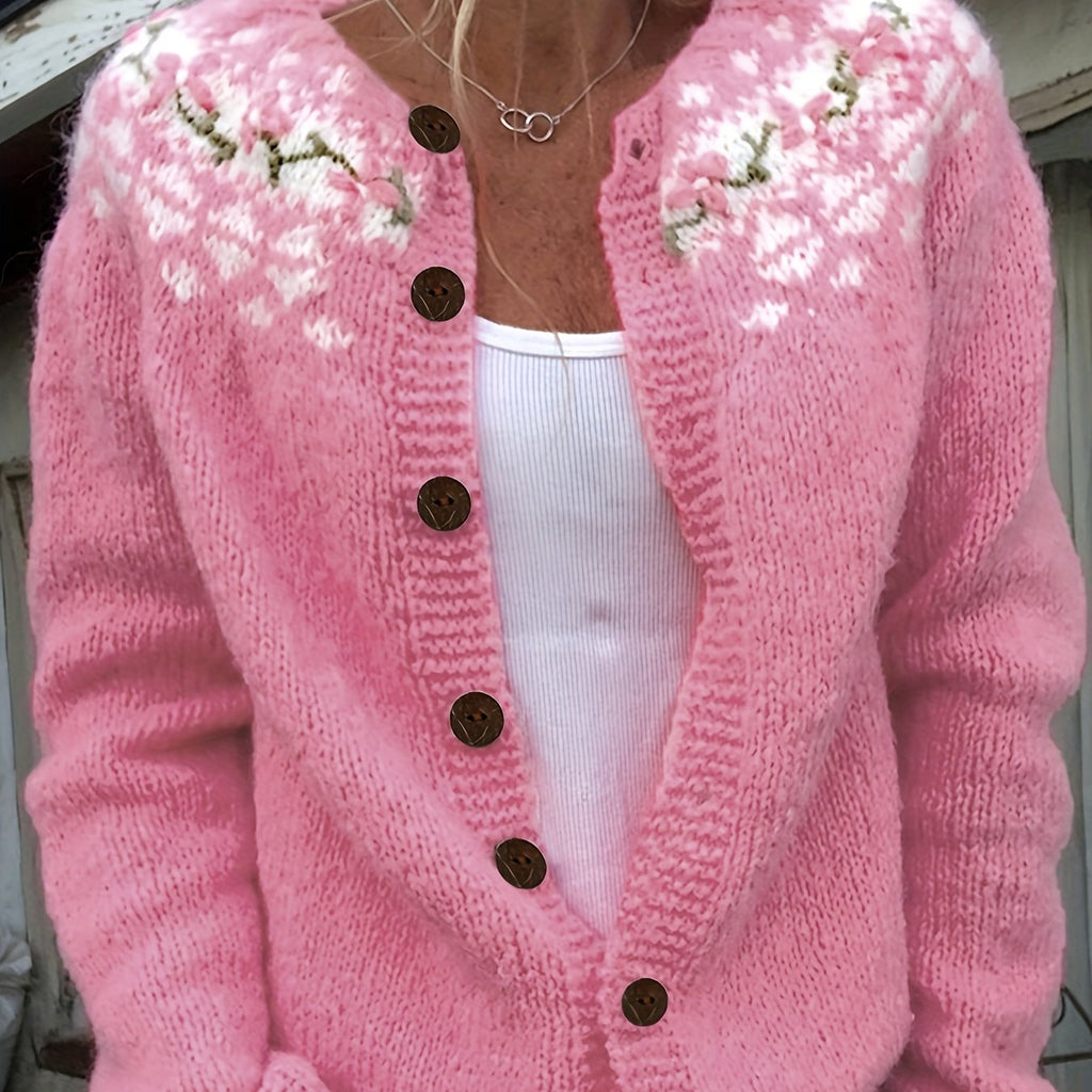 Blossyke Embroidered Knit Cardigan – Chunky Button-Front Women Autumn Cosy Oversized Cardigan