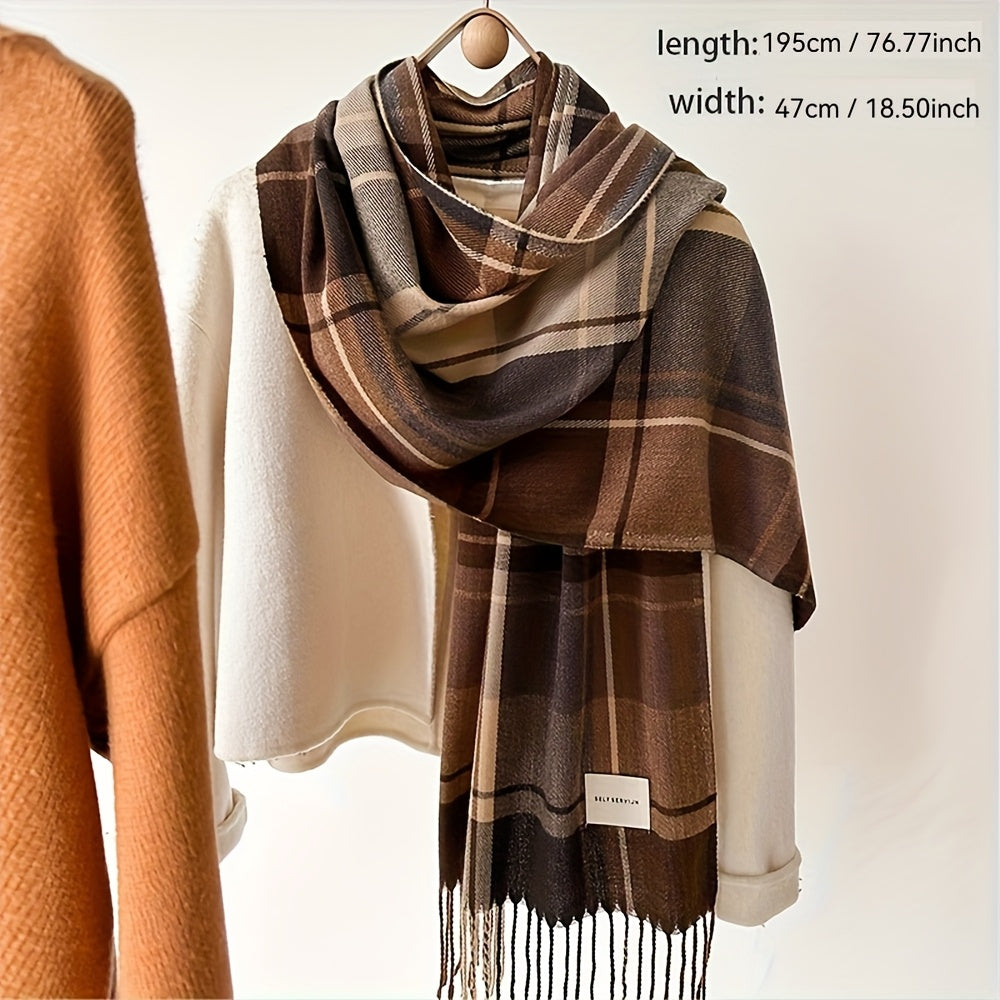 Twillyne Oversized Check Scarf – Tartan Wool Scarf Women Winter Checked Fringe Wrap Shawl Blanket Scarf