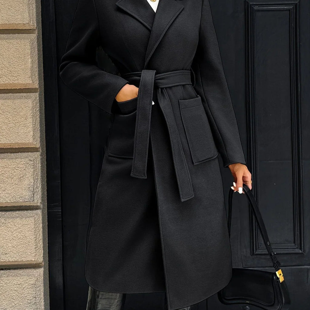 Tywraye Belted Longline Coat – Women Elegant Tailored Office Outerwear Autumn Winter Long Coat