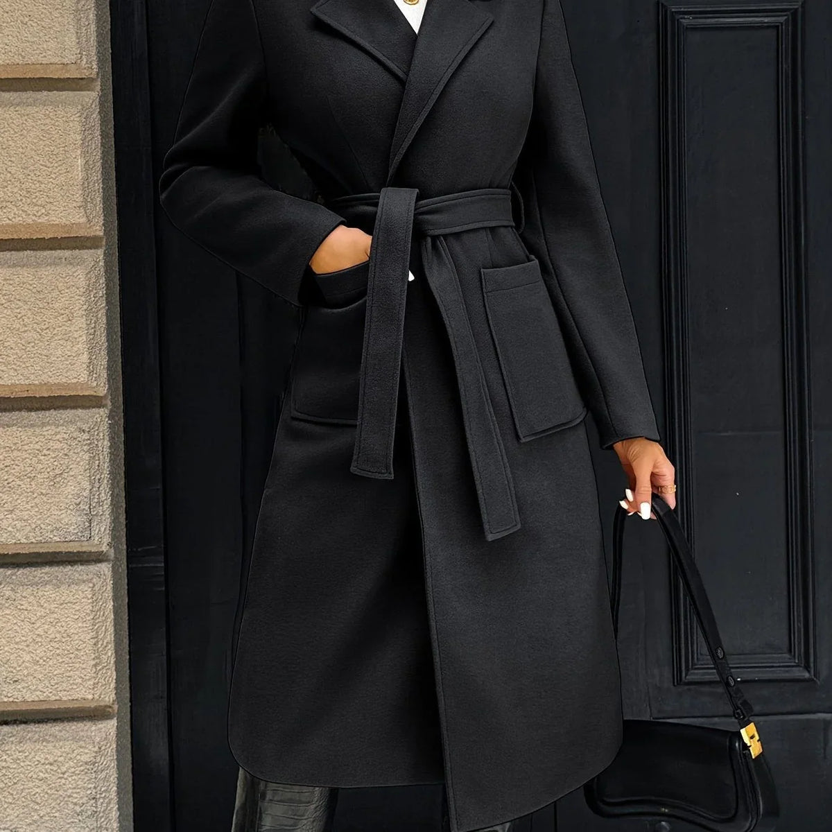 Tywraye Belted Longline Coat – Women Elegant Tailored Office Outerwear Autumn Winter Long Coat