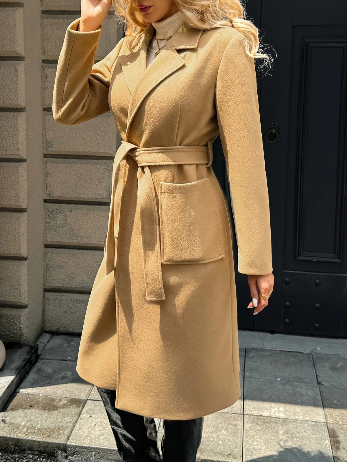 Tywraye Belted Longline Coat – Women Elegant Tailored Office Outerwear Autumn Winter Long Coat