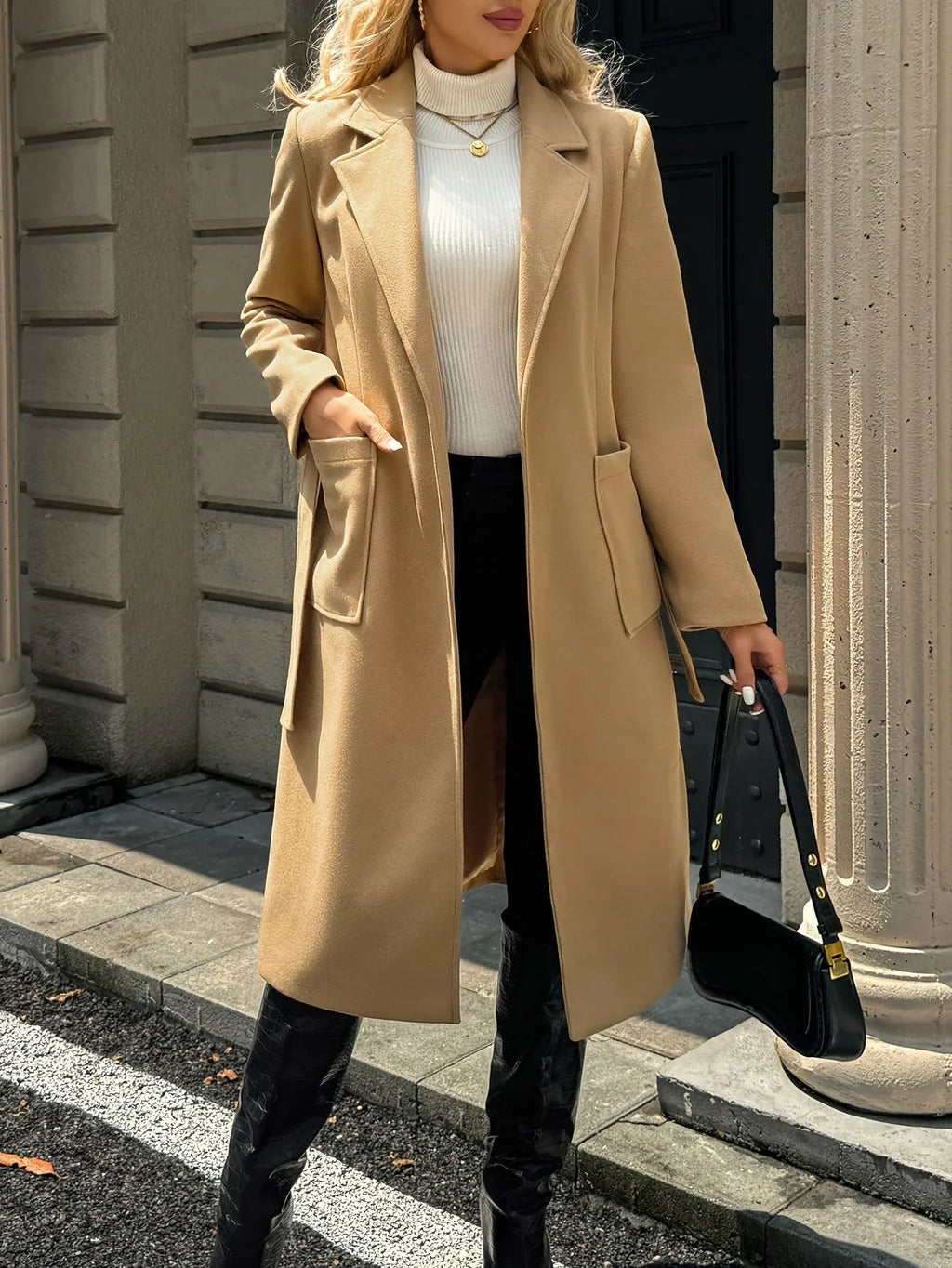 Tywraye Belted Longline Coat – Women Elegant Tailored Office Outerwear Autumn Winter Long Coat