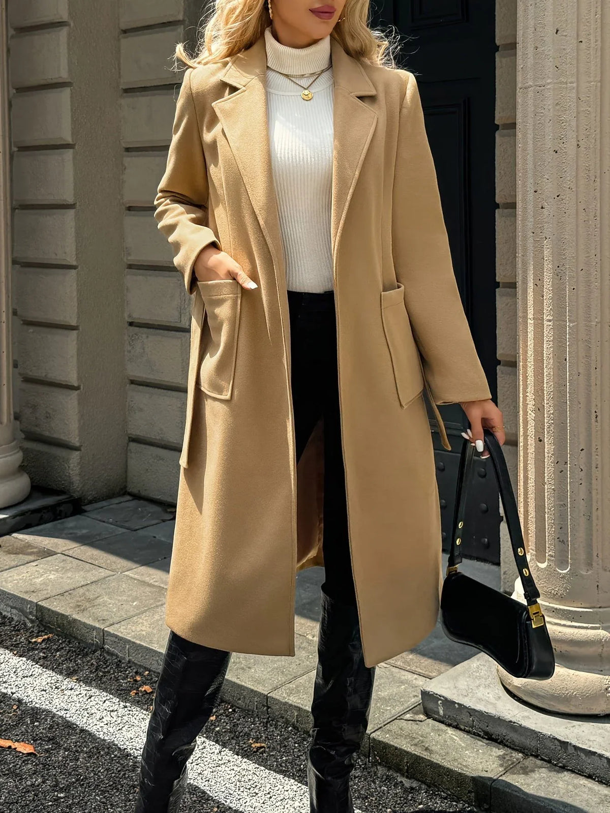 Tywraye Belted Longline Coat – Women Elegant Tailored Office Outerwear Autumn Winter Long Coat
