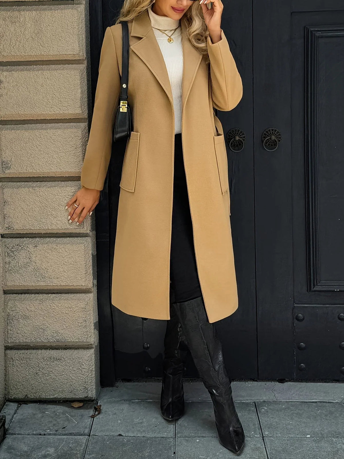 Tywraye Belted Longline Coat – Women Elegant Tailored Office Outerwear Autumn Winter Long Coat