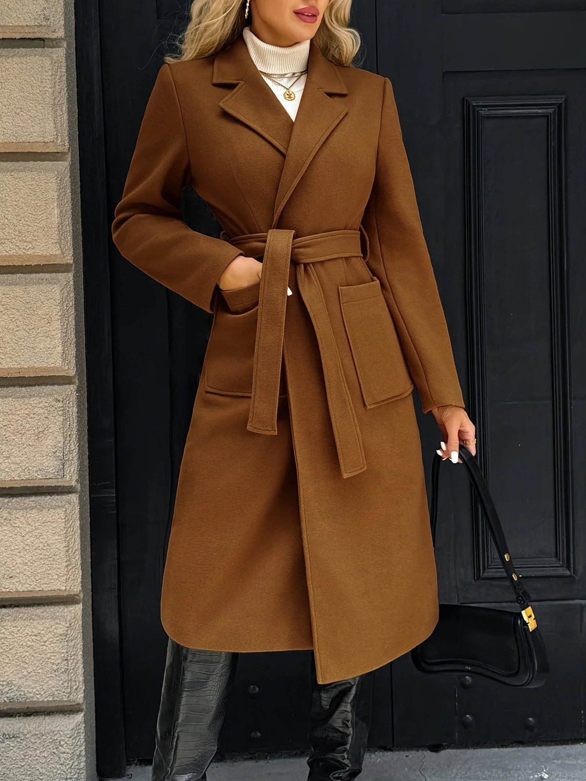 Tywraye Belted Longline Coat – Women Elegant Tailored Office Outerwear Autumn Winter Long Coat