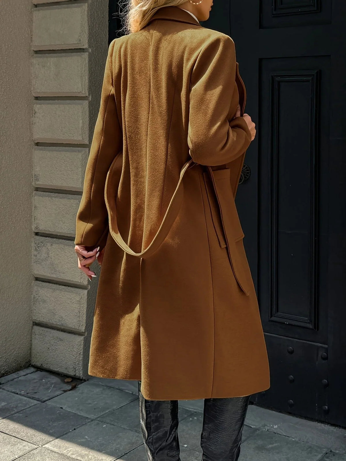 Tywraye Belted Longline Coat – Women Elegant Tailored Office Outerwear Autumn Winter Long Coat