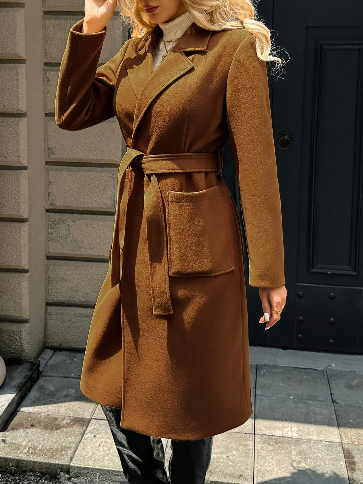 Tywraye Belted Longline Coat – Women Elegant Tailored Office Outerwear Autumn Winter Long Coat