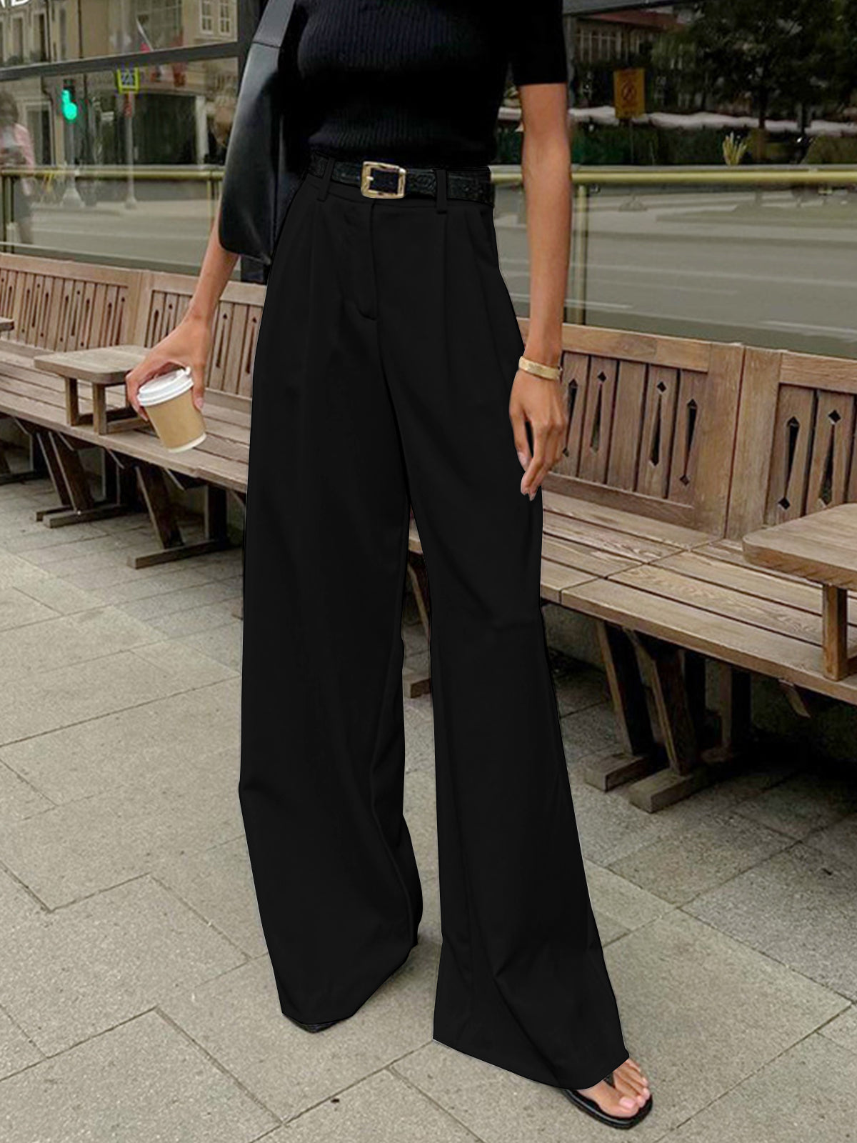 Plefron High-Waist Wide-Leg Trousers – Women Tailored Office Smart Casual Pleated Wide-Leg Trousers