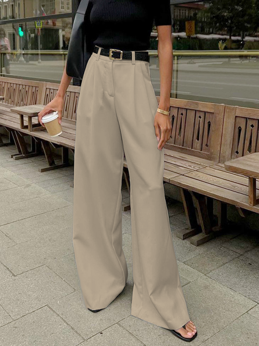 Plefron High-Waist Wide-Leg Trousers – Women Tailored Office Smart Casual Pleated Wide-Leg Trousers